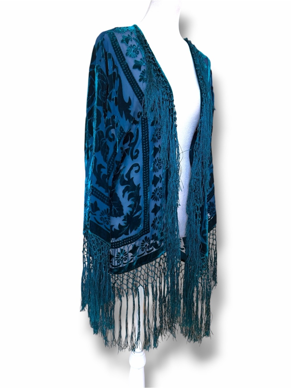 Maya Boutique Turquoise Teal Silk Burnout Velvet Kimono MSRP $400 - Picture 3 of 16